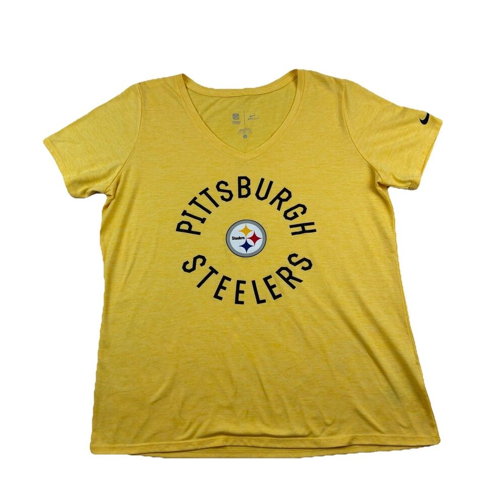 Pittsburgh Steelers Nike Dri Fit V Neck T Shirt Womens L Yellow Sleeve Swoosh